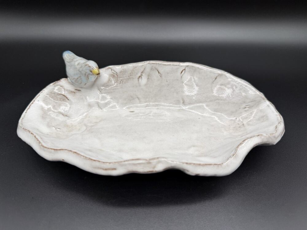 Art Pottery White Glazed Oval Trinket Dish with Blue Bird 7.5” Whimsical Signed